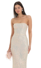 Iridescent Sequin Strapless Maxi Dress in Champagne