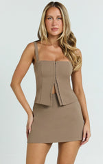 Mikey Top - Straight Neck Hook and Eye Corset Top in Mocha