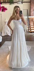 Vintage Ivory Pleated Strapless A-line Long Prom Dress, Shell Bodice Evening Dress, PD37667