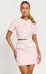 Rosa Two Piece Set - Tailored Boucle Hardware Detail Button Down Top and Skirt Set in Light Pink