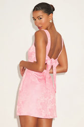 Perfectly Flirtatious Pink Floral Jacquard Tie-Back Mini Dress