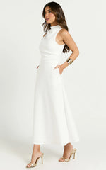Macy Midi Dress - High Neck A Line Dress in Off White
