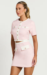 Rosa Two Piece Set - Tailored Boucle Hardware Detail Button Down Top and Skirt Set in Light Pink