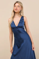 Incredible Love Navy Satin Cowl Back Midi Slip Dress