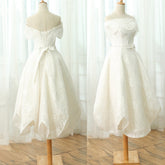 Elegant Petal Off Shoulder Tea-length Full Lace Beading Wedding Dresses,BD00212