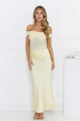 Silent Dreams Mesh Satin Off Shoulder Maxi Dress