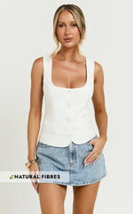 Nalfie Top - Linen Wide Scoop Neck Fitted Vest Top in White