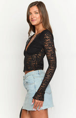 Trevina Black Lace Long Sleeve Top