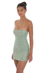 Strapless Sequin Beaded Dress in Sage Green