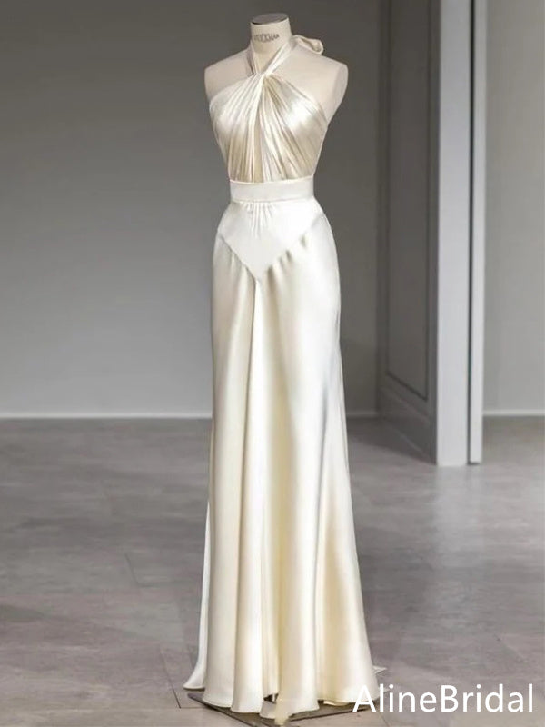 Elegant Ivory Halter A-line Floor Length Satin Prom Dress, Evening Dress, PD37778