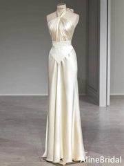 Elegant Ivory Halter A-line Floor Length Satin Prom Dress, Evening Dress, PD37778