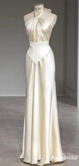 Elegant Ivory Halter A-line Floor Length Satin Prom Dress, Evening Dress, PD37778