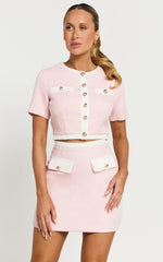 Rosa Two Piece Set - Tailored Boucle Hardware Detail Button Down Top and Skirt Set in Light Pink