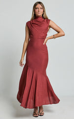 Arielle Maxi Linen Dress - High Neck Thigh Split Slip Dress in Rust