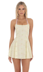 Halter Floral Embroidered Open Back Dress in Yellow