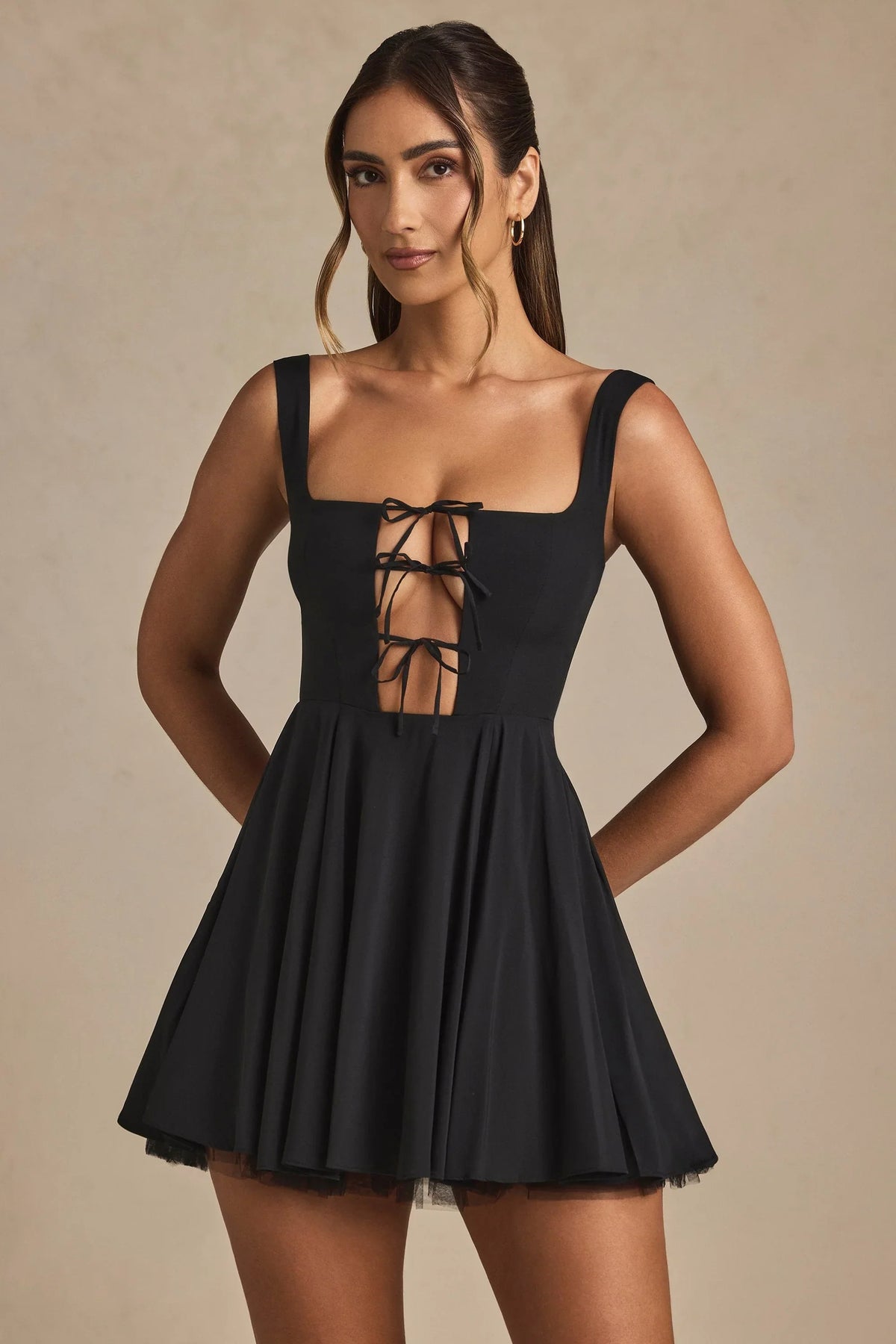 Tie-Detail A-Line Micro Mini Dress in Black
