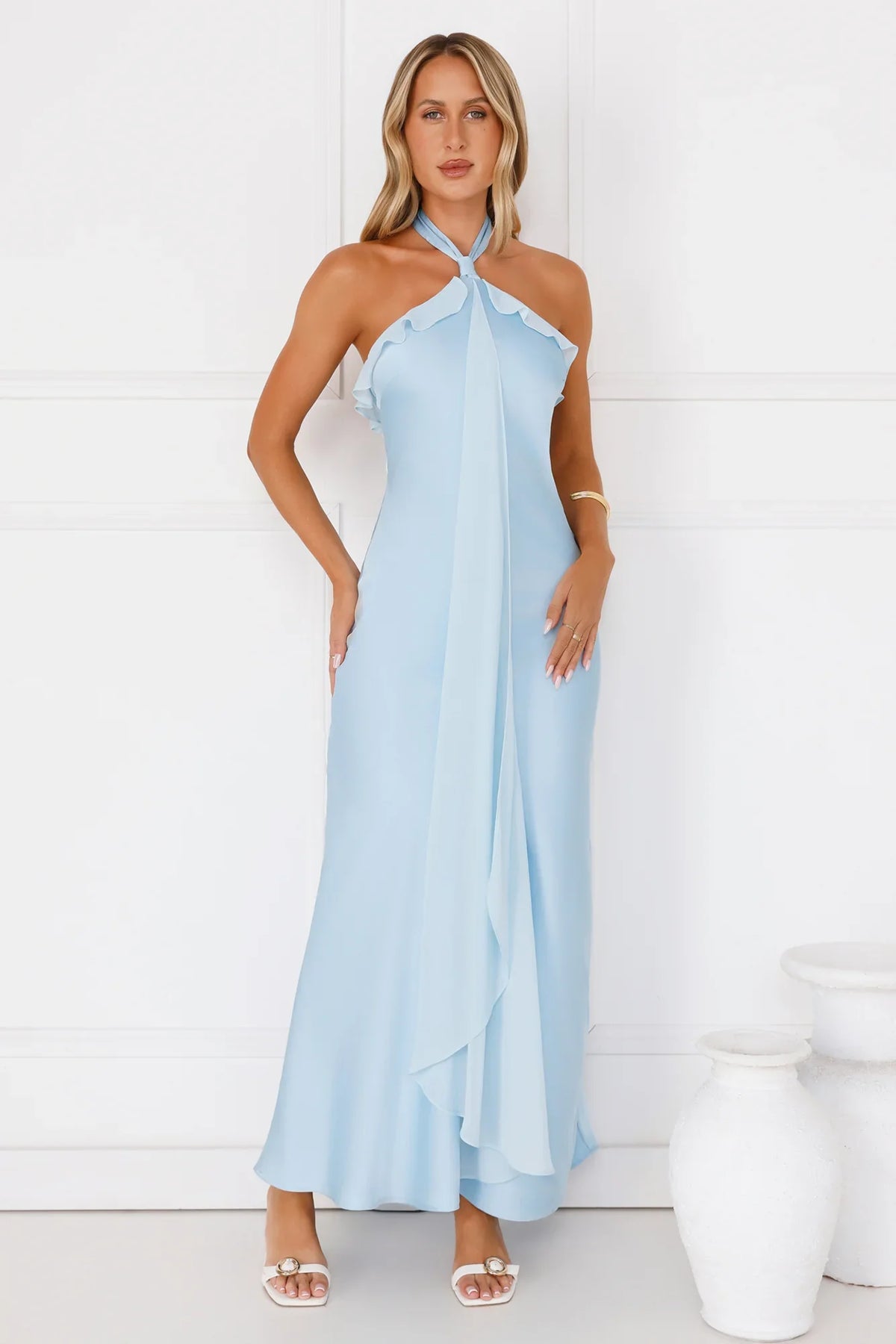 Luxora Lady Halter Satin Maxi Dress Yellow