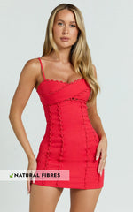 Gigi Mini Linen Dress - Sweetheart Tie Back Scallop Detail Dress in Red