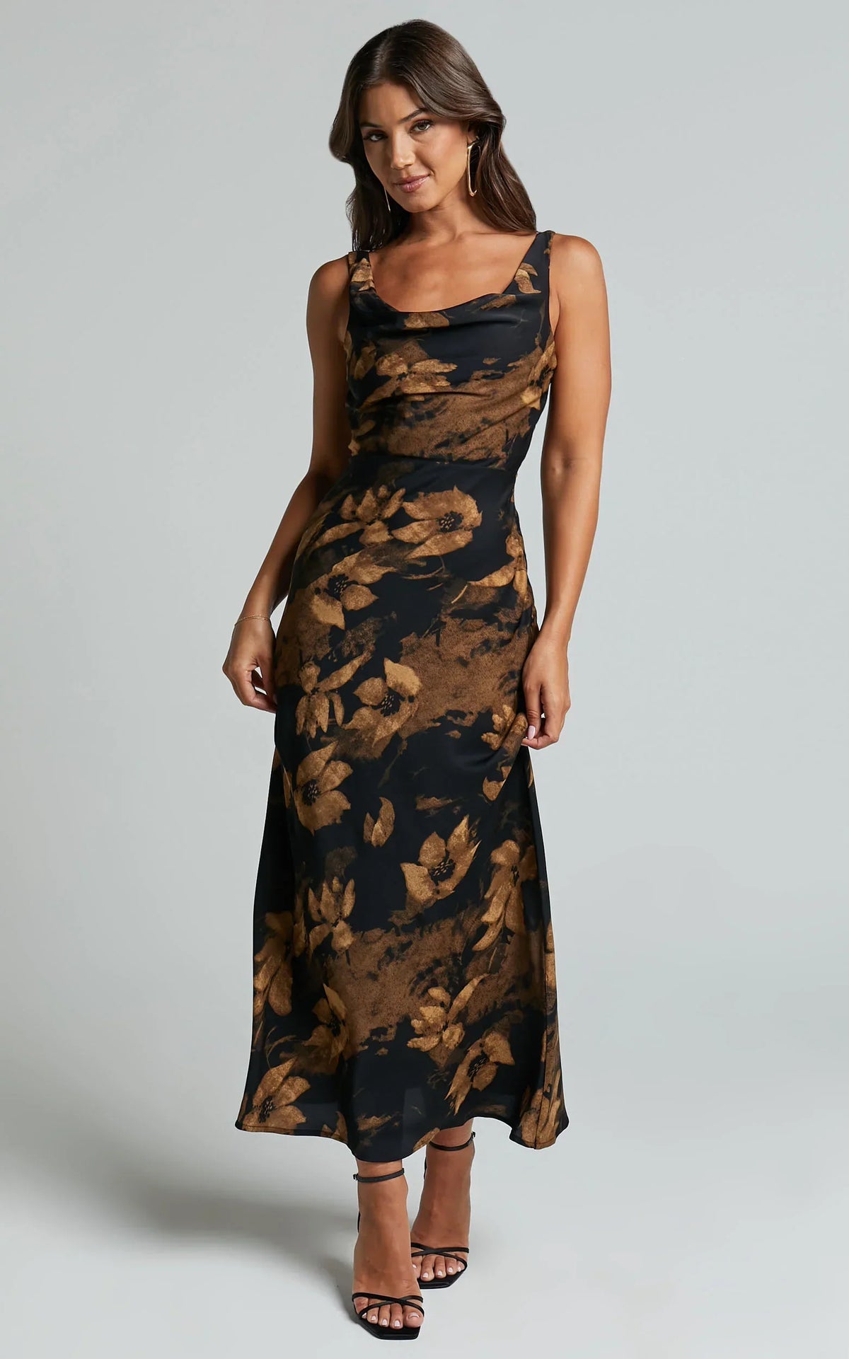 Dara Midi Dress Low Neck Sleeveless Slip Dress in Amber Floral Print