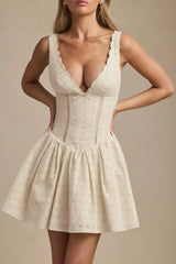 Broderie Anglaise Bow-Detail A-Line Mini Dress in Ivory