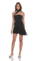 Asymmetrical Mesh Scarf Dress in Black